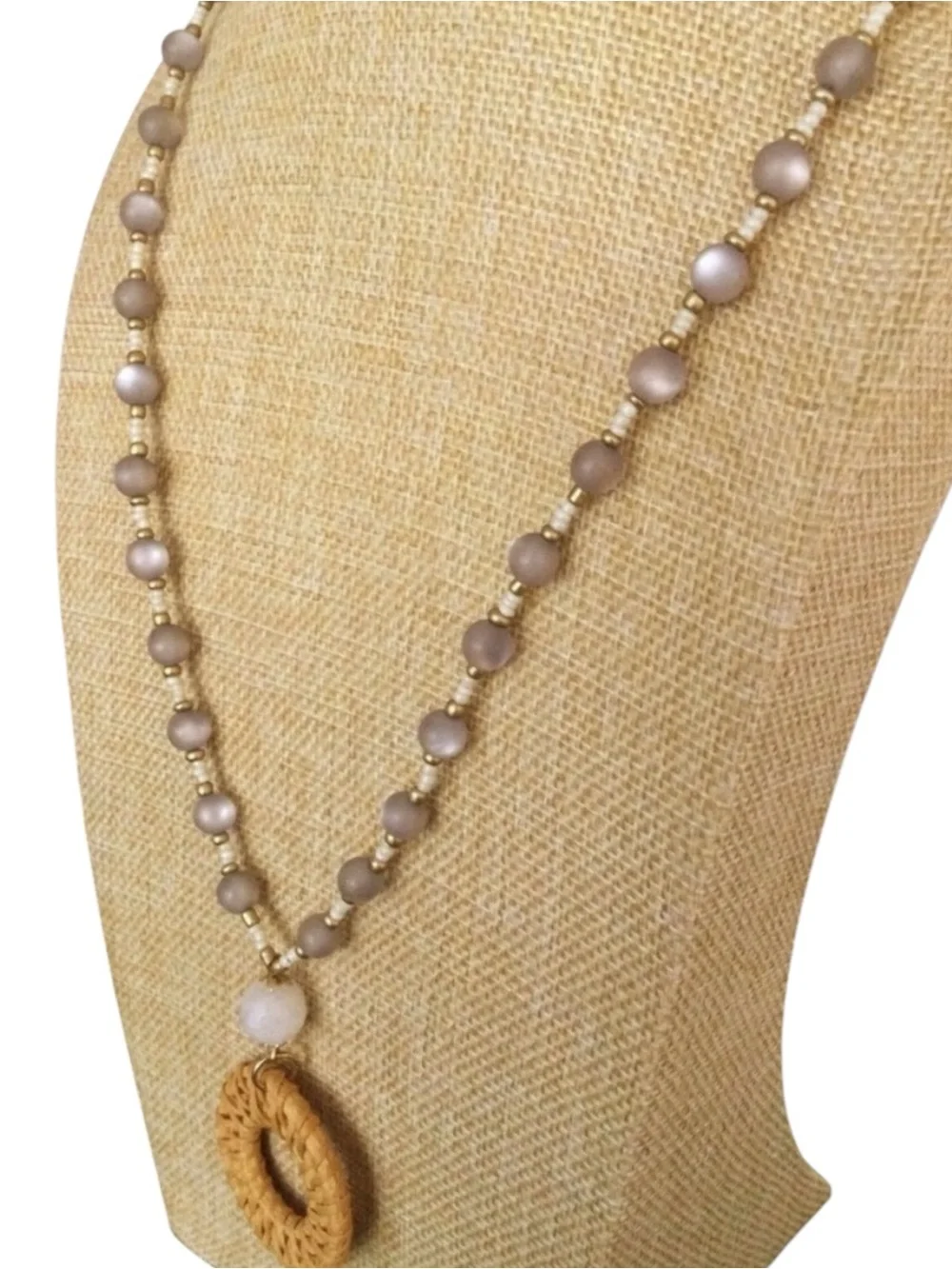 CHARMING CHARLIE Boho Moonglow Lucite, White Quartz & Rattan Pendant Necklace - Picture 8 of 10